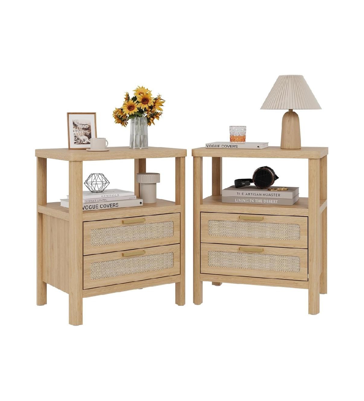 Gaomon Nightstands Set of 2,Rattan Nightstand with Drawers, Farmhouse Bedside Table with Open Wood Shelf,Narrow Side Table, Natural Oak