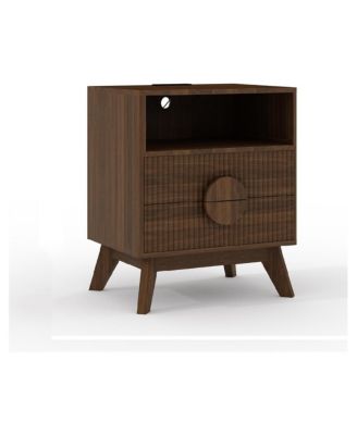 Modern Fluted Night Stand, Bedroom Nightstand with USB Charging Station, Wood Fluted Bedside Table with 2 Drawers, 1pcs