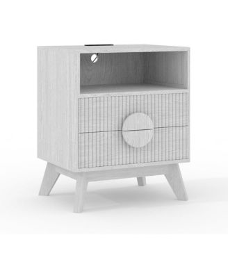 Modern Fluted Night Stand, Bedroom Nightstand with USB Charging Station, Wood Fluted Bedside Table with 2 Drawers, 1pcs