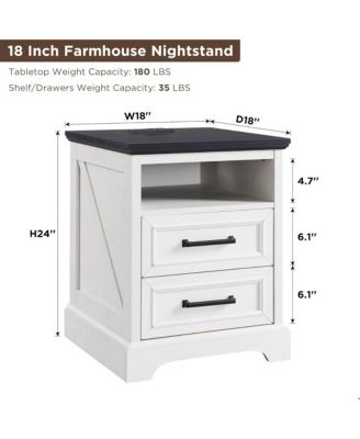 18" Farmhouse Nightstand with Charging Station,End Table with 2 Drawers Storage,Side Table,Bedside Cabinet, White 1pcs