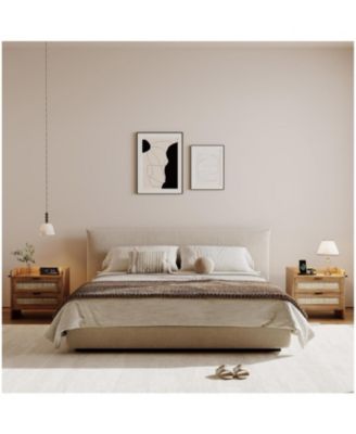 Rattan Nightstand Set of 2, Bedside Table with Type-C Charging Station - 2 Storage Drawer Space, Boho End Table Side Table, Walnut Brown