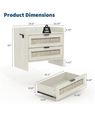 Rattan Nightstand Set of 2, Bedside Table with Type-C Charging Station - 2 Storage Drawer Space, Boho End Table Side Table, Walnut Brown
