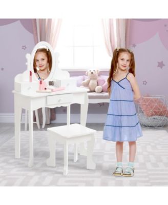 Adjustable Mirror Kids Vanity Set with Stool and Storage Drawers – Wooden Princess Makeup Dressing Table for Ages 4–9