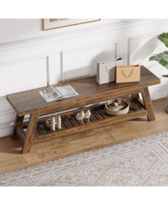 55" Wood Entryway Bench with Shoe Storage, Large 2-Tier Narrow Hallway Foyer Seating Bench