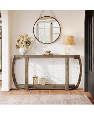 Farmhouse Wooden Console Table with Open Shelf, 63-Inch Long Sofa Entryway Table with Curved Legs for Living Room, Hallway, Entrance