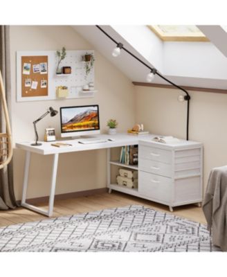 53" W × 19.7" Wood L-Shaped Desk with 3 Drawers, Reversible Corner Home Office Computer Desk with Shelves