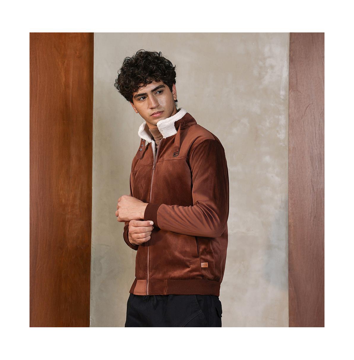 Campus Sutra Men's Contrast Sherpa-Lined Suede Bomber Jacket