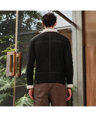 Men's Midnight Black Contrast Sherpa-Lined Suede Rider Jacket