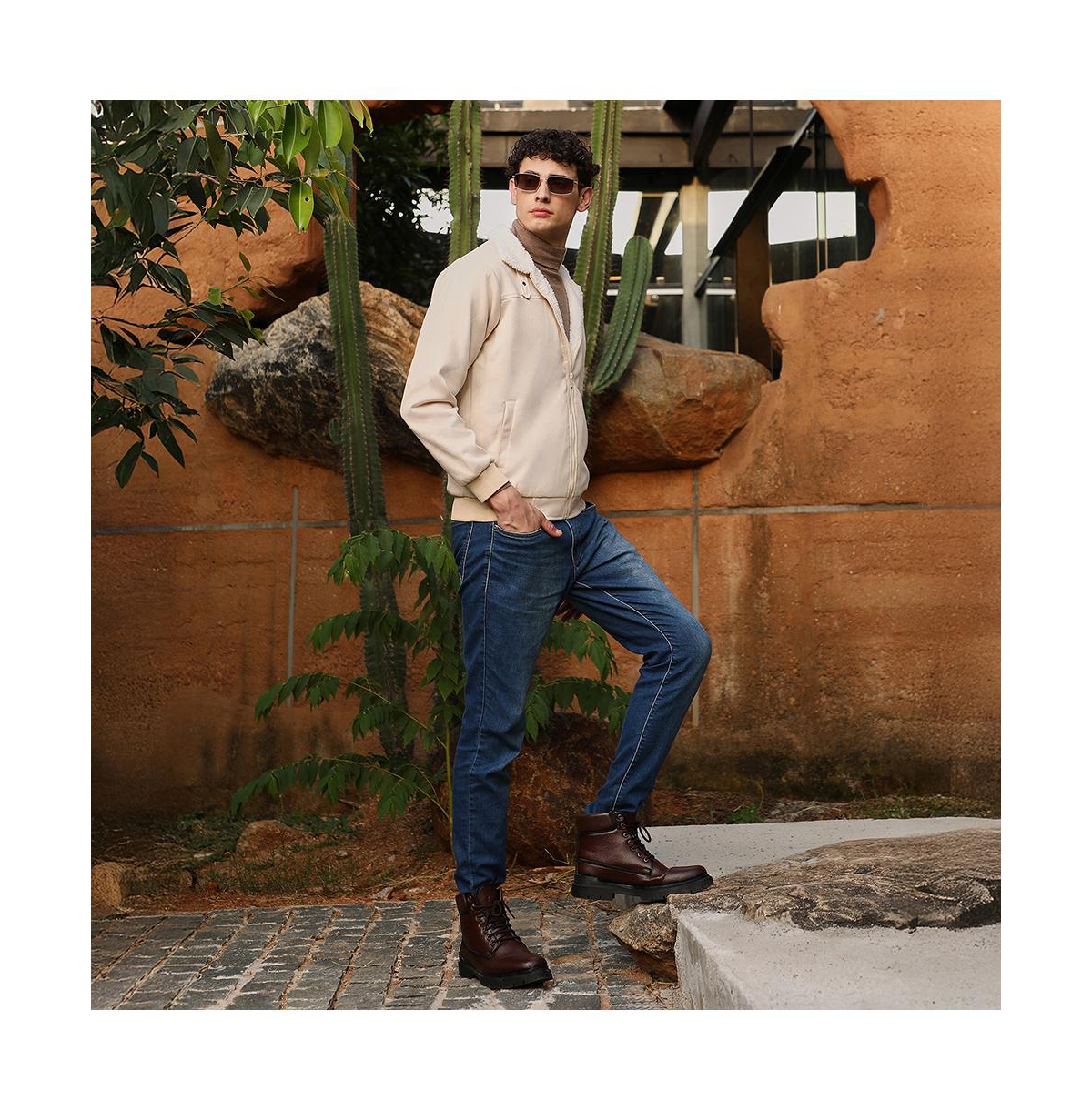 Campus Sutra Men's Cream White Contrast Sherpa-Lined Suede Bomber Jacket