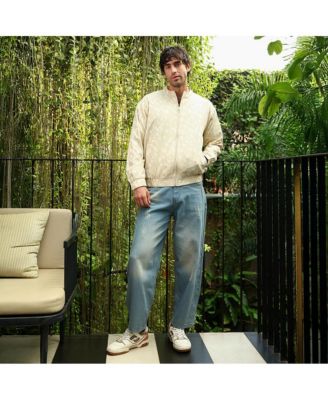 Men's Cream White Mozaic-Jacquard Bomber Jacket