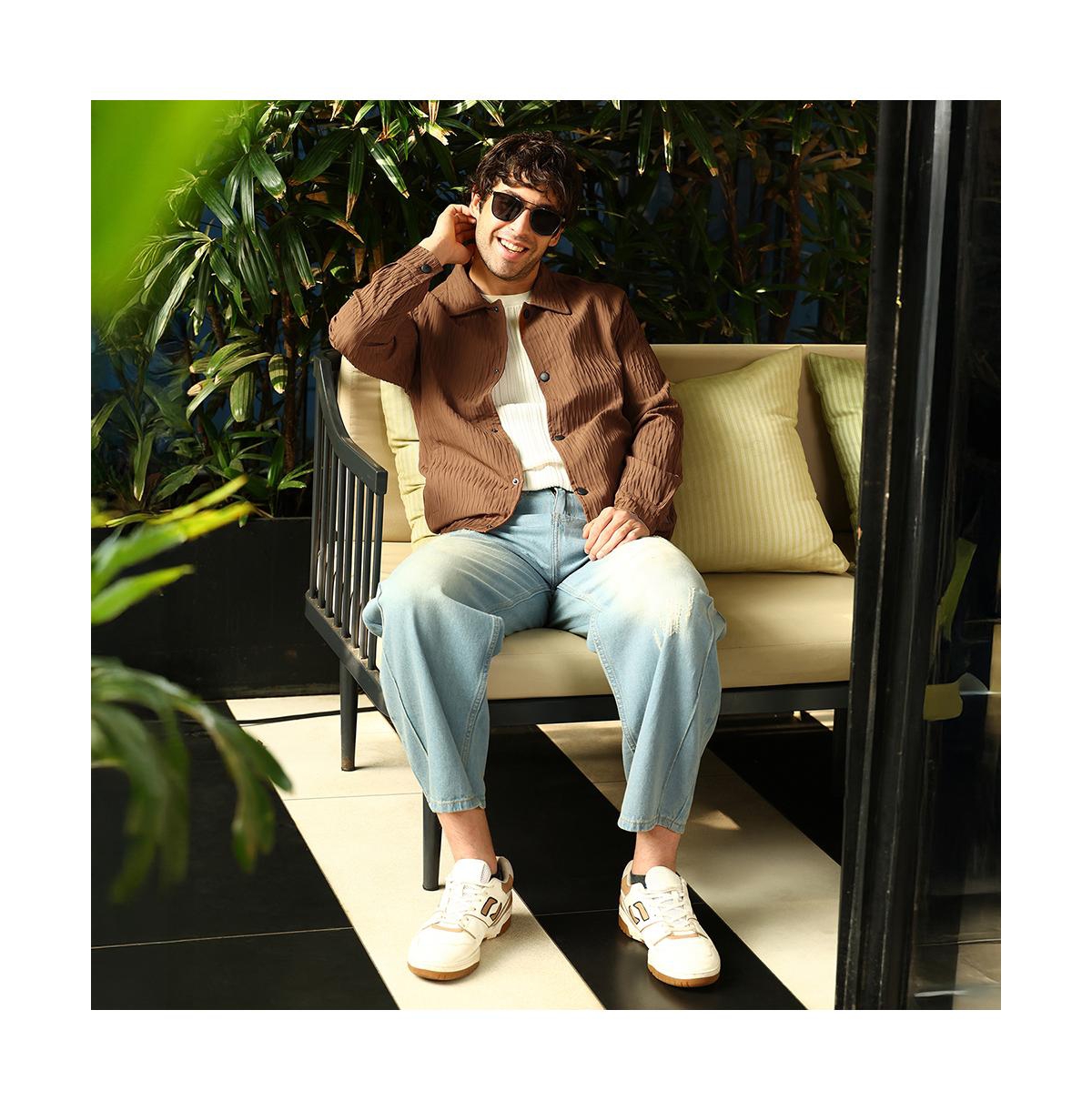 Campus Sutra Men's Teddy Brown Crease-Tactile Bomber Jacket