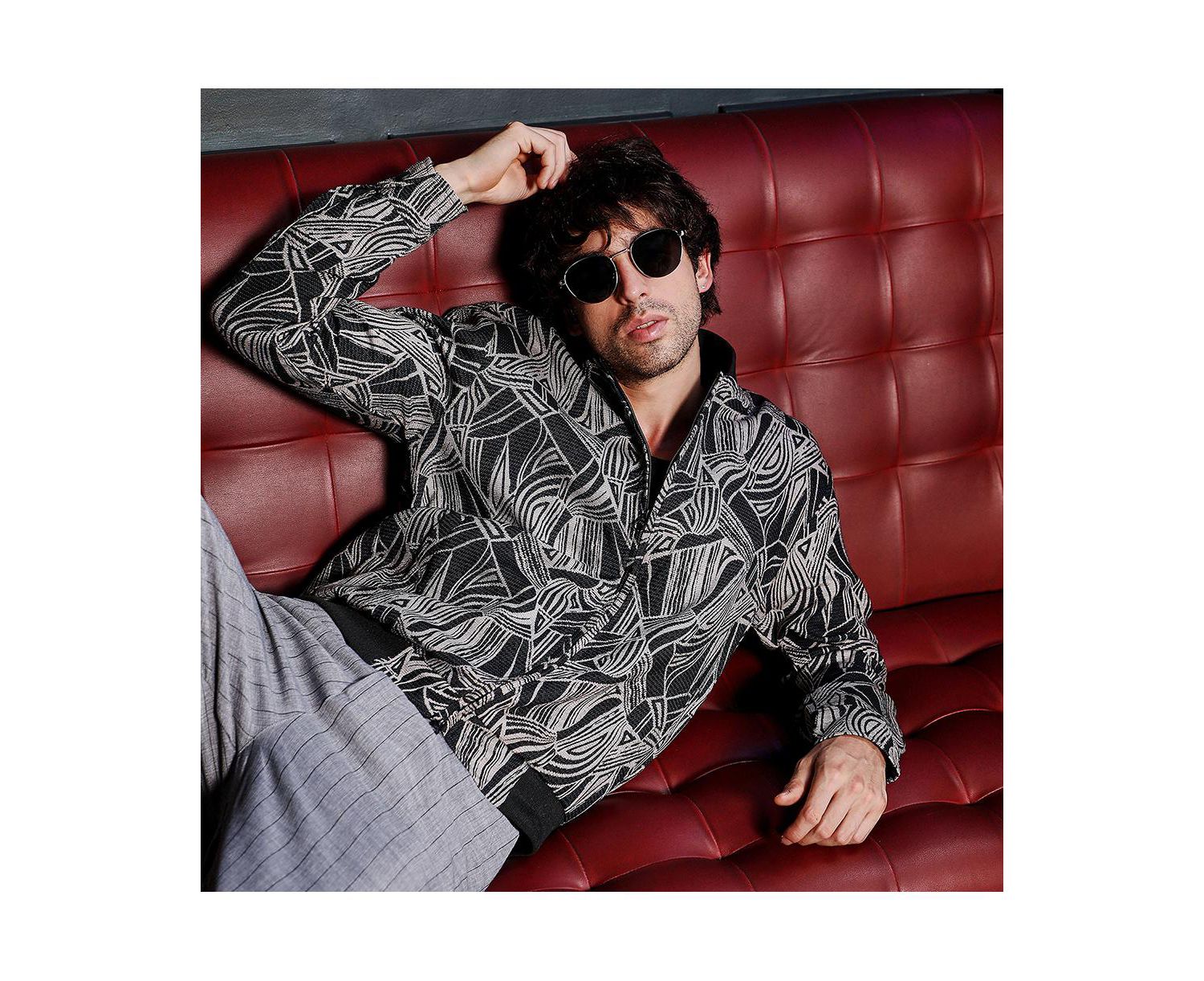 Men's Midnight Black Stroke-Jacquard Bomber Jacket