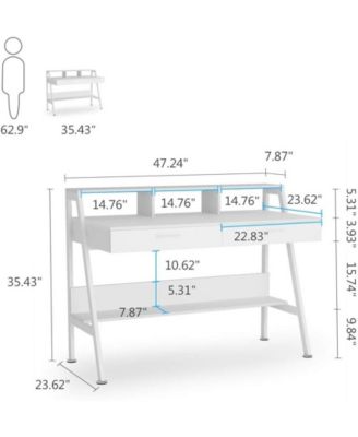 White Computer Desk with Storage Shelf & Drawers, Modern 47 inch Office Writing Desk Study Table with Monitor Stand