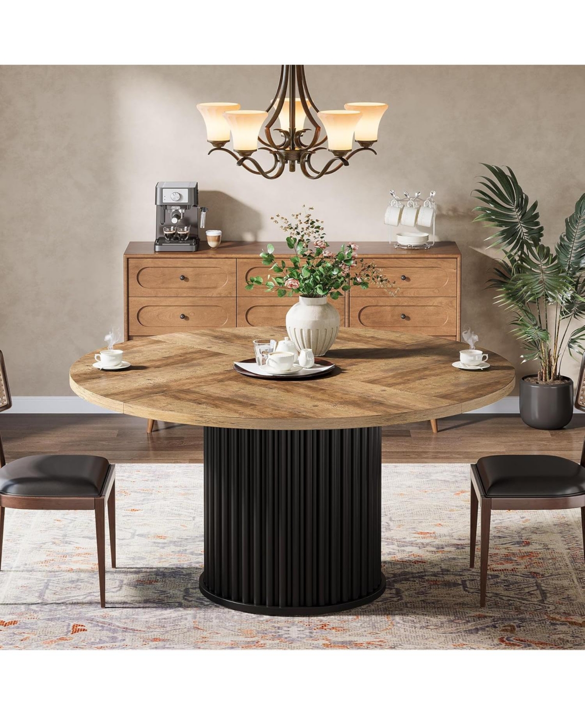 Tribesigns 47.24-Inch Black Round Dining Table for 4-6 People, Modern Fluted Mdf + Metal Base Kitchen Table