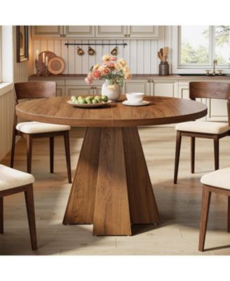 Round Dining Table for 4, Circle Kitchen Table with Pedestal Base, Walnut Brown