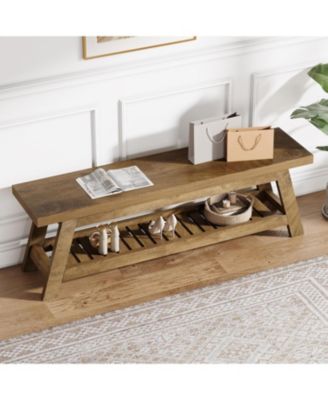 55" Wood Entryway Bench with Shoe Storage, Large 2-Tier Narrow Hallway Foyer Seating Bench