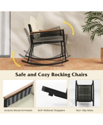 3 PCS Outdoor Rocking Bistro Set with 2-Tier Coffee Table, Acacia Wood Armrests