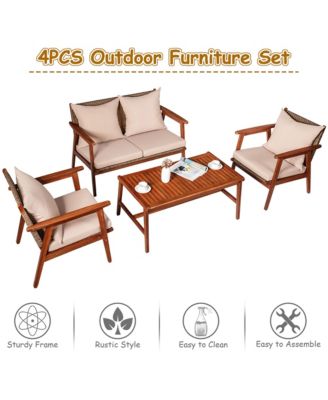 4PCS Outdoor Rattan Furniture Set Acacia Wood Table Cushioned Sofa Chair Garden