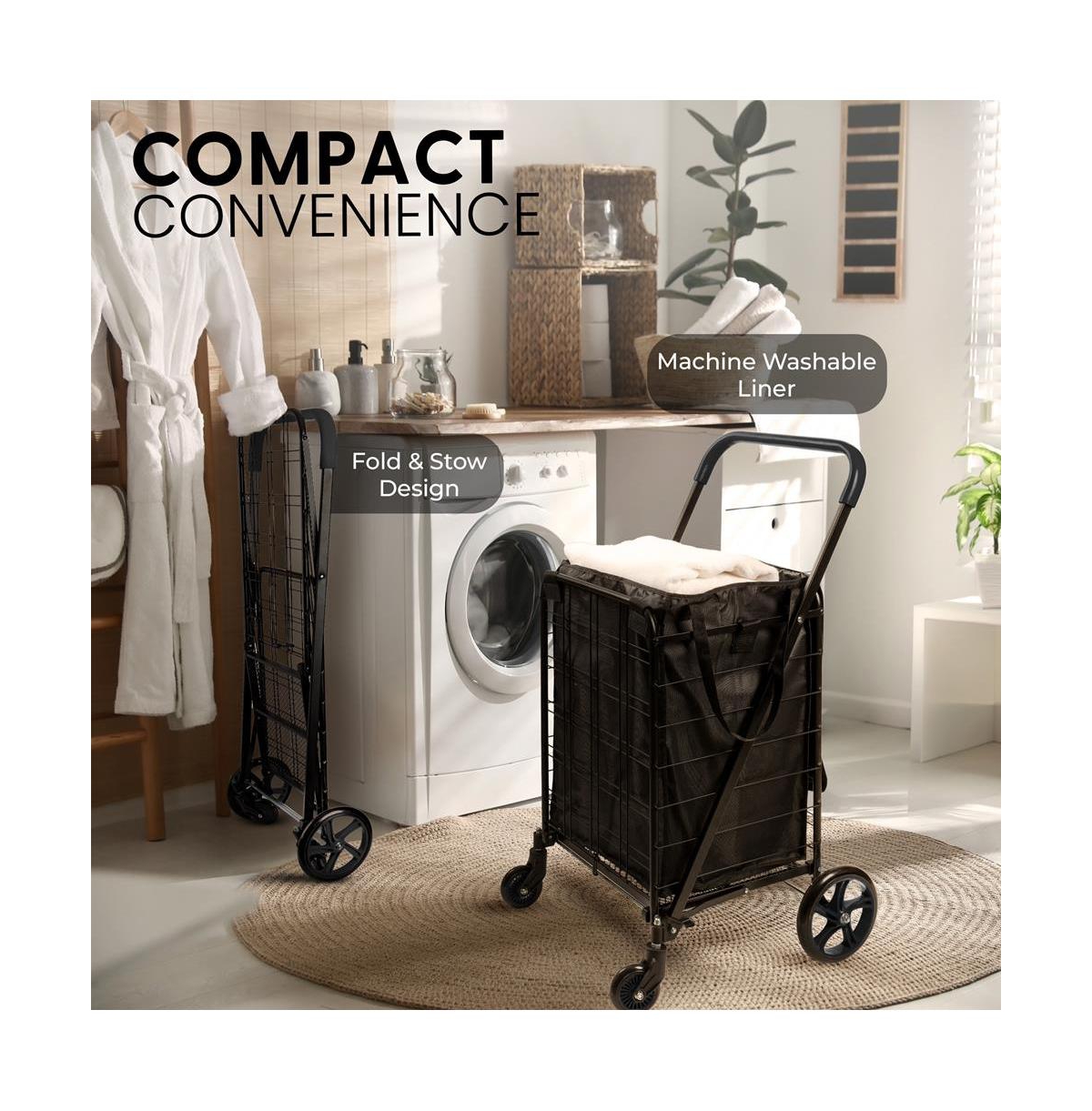 SereneLife Folding Utility Cart with Liner, Heavy-Duty, 360° Swivel Wheels, 70 lb Capacity, Portable for Groceries, Laundry & More (Blue)