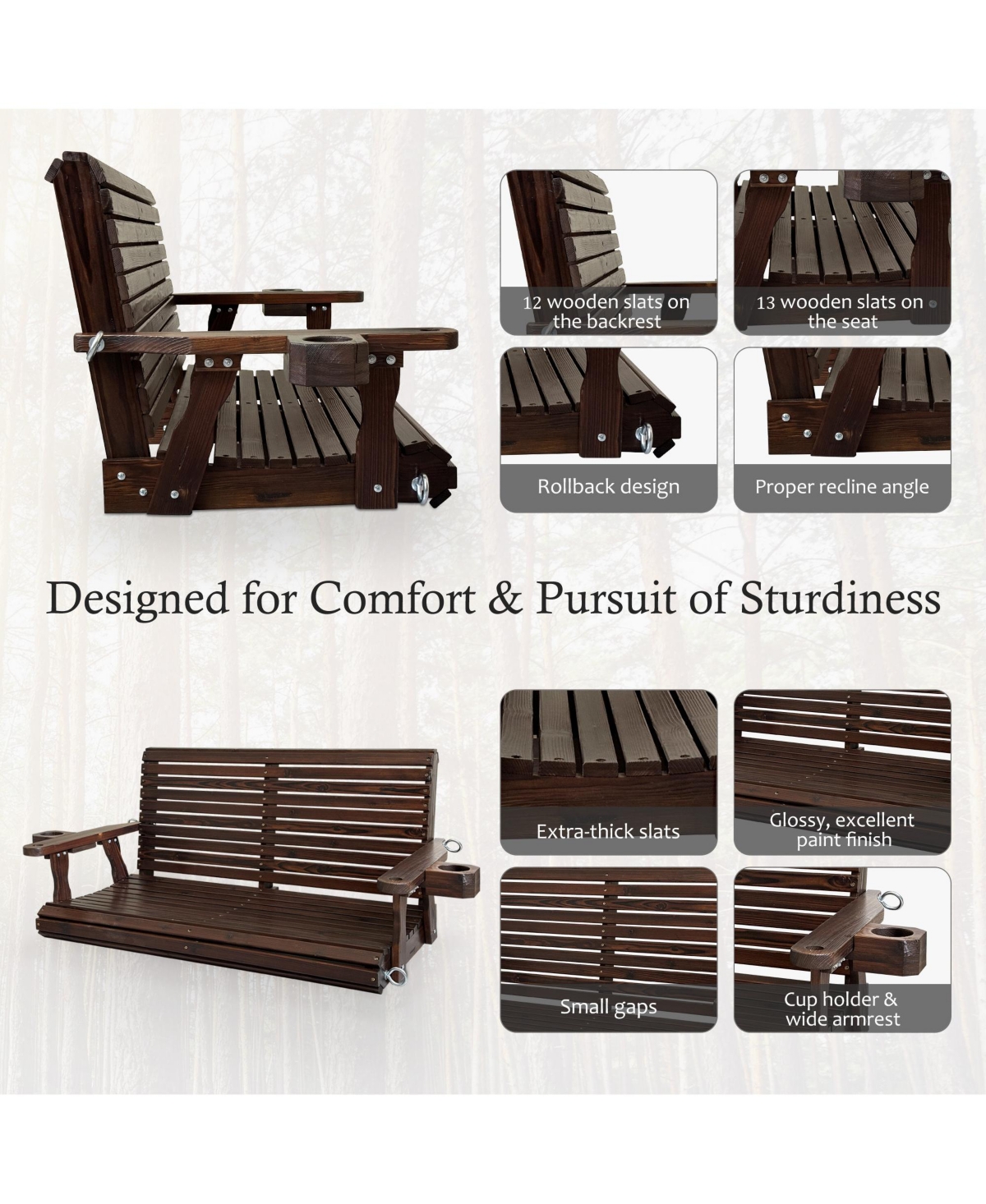 Wooden Porch Swing 2-Seater, Bench Swing with Cupholders, Hanging Chains and 7mm Springs, Heavy Duty 800 Lbs, for Outdoor Patio Garden Yard, 4 ft