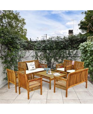 8 PCS Outdoor Acacia Wood Sofa Furniture Set Cushioned Chair Coffee Table Garden