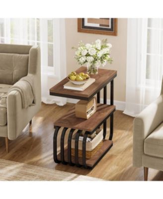 Small End Table, 3 Tier Design Accent Table with Metal Frame, Industrial Vintage Nightstand for Living Room, or Small Spaces (1, Brown)