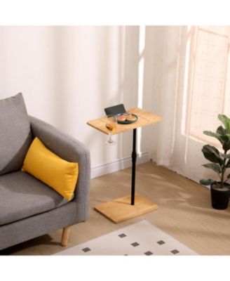 Adjustable Bamboo C-Shaped Couch Tray Table with 2-Tier Rectangle Design