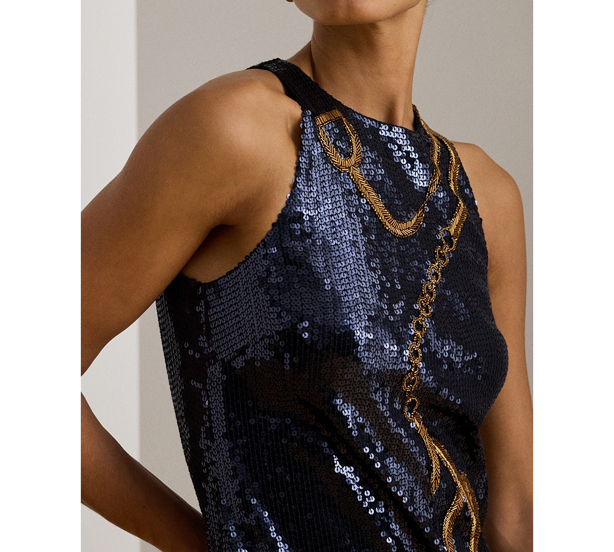 Lauren Ralph Women's Belting-Motif Sequined Cocktail Dress