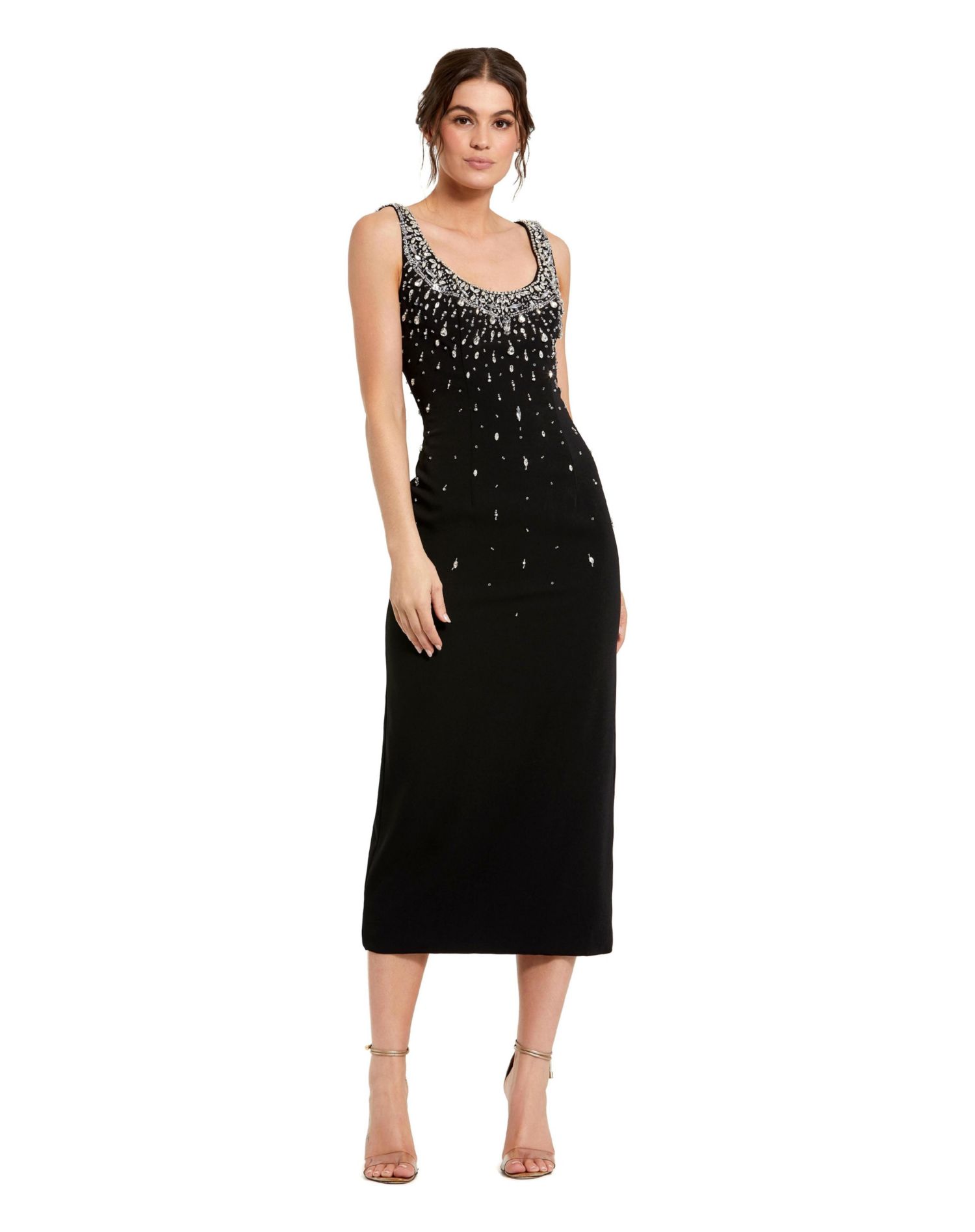 Women's Beaded Crepe Scoop Neck Sleeveless Midi Dress