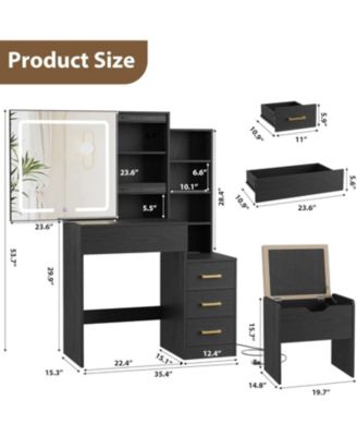 Vanity Desk with Sliding Mirror & Lights, 4 Drawers, 7 Shelves, Charging Station, Stool Included, 3 Lighting Modes, Modern Makeup Vanity