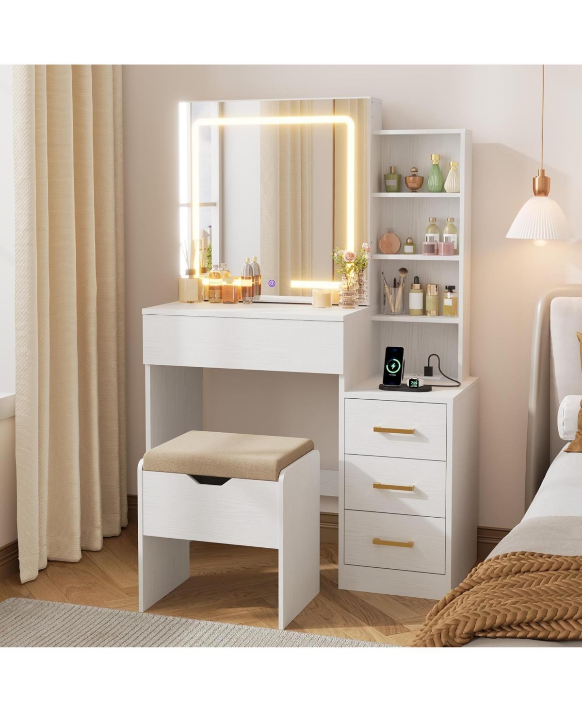 Gaomon Vanity Desk with Sliding Mirror & Lights, 4 Drawers, 7 Shelves, Charging Station, Stool Included, 3 Lighting Modes, Modern Makeup