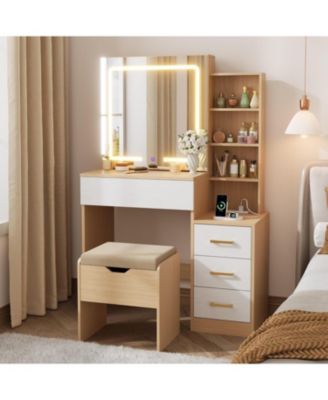 Vanity Desk with Sliding Mirror & Lights, 4 Drawers, 7 Shelves, Charging Station, Stool Included, 3 Lighting Modes, Modern Makeup Vanity