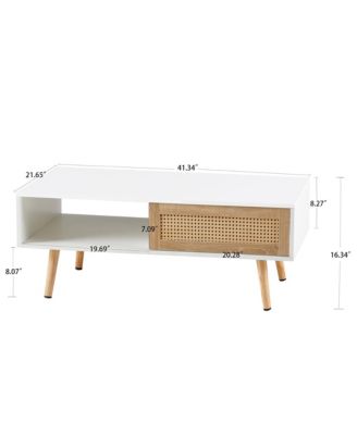 Modern Rattan Coffee Table with Sliding Door Storage and Solid Wood Legs
