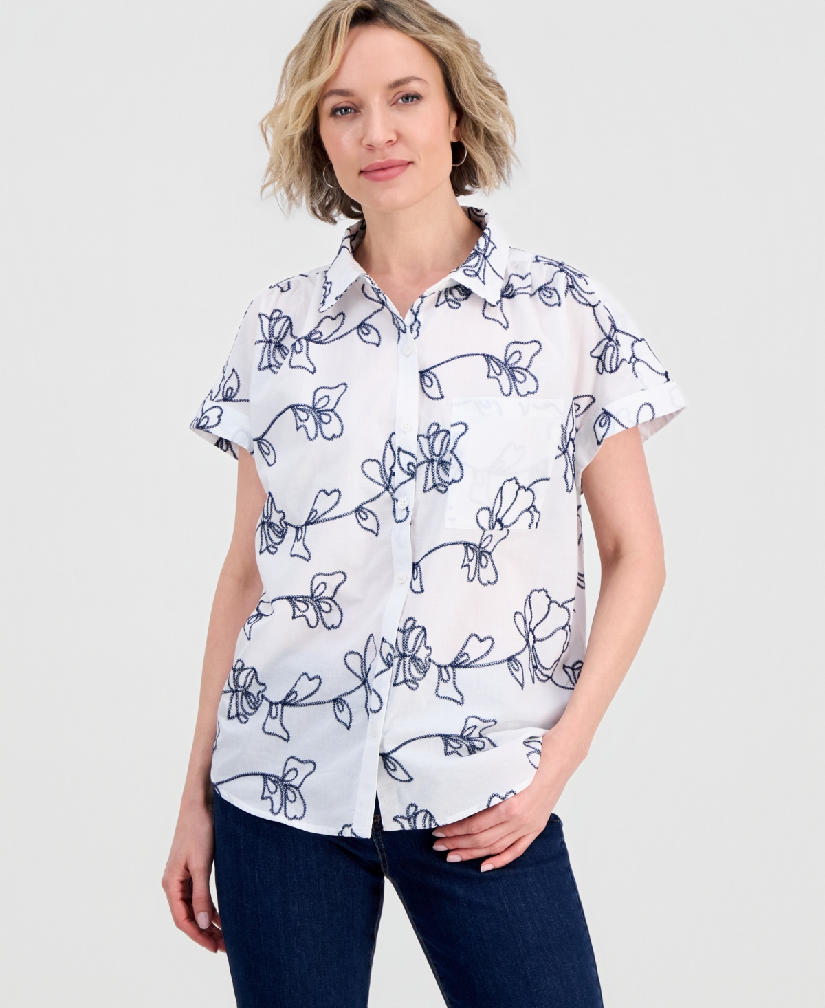 Style & Co Women's Cotton Embroidered Camp Shirt, Macy's Exclusive
