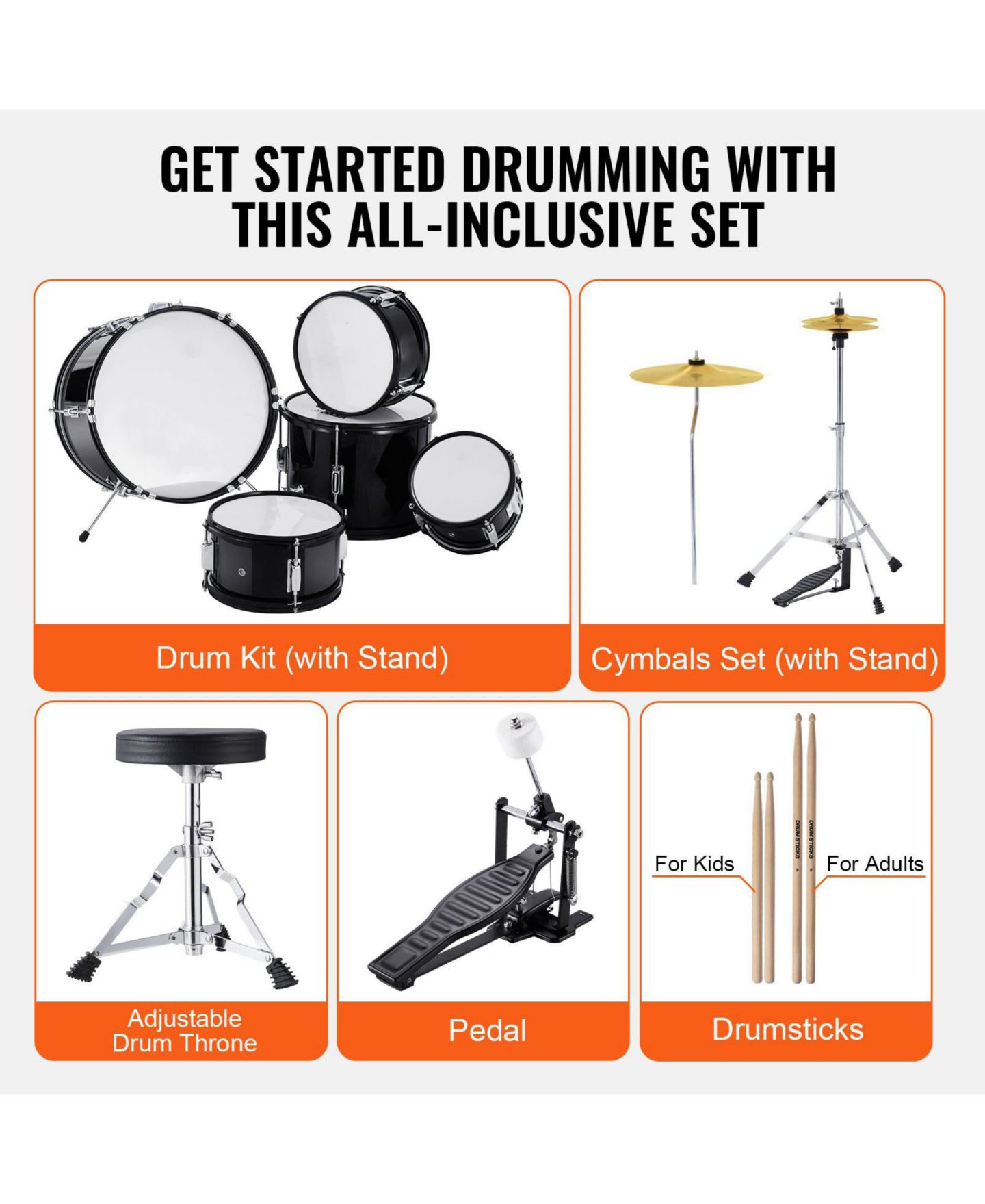 Детские игрушки SUGIFT Beginner Full Size Drum Kit, 5-Piece, Ages 6+, цвет: Чёрный — фото 10