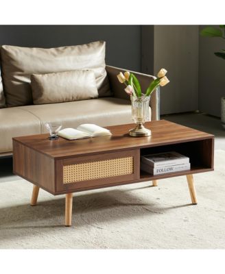 PE Rattan Coffee Table with Sliding Storage Door and Solid Wood Legs for Living Room