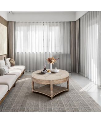 Farmhouse Round Ottoman Coffee Table with 2-Tier Storage and Waterproof Linen