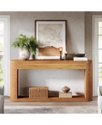 63 Inch Fluted Console Table for Entryway, Narrow Wood Sofa Table Behind Couch