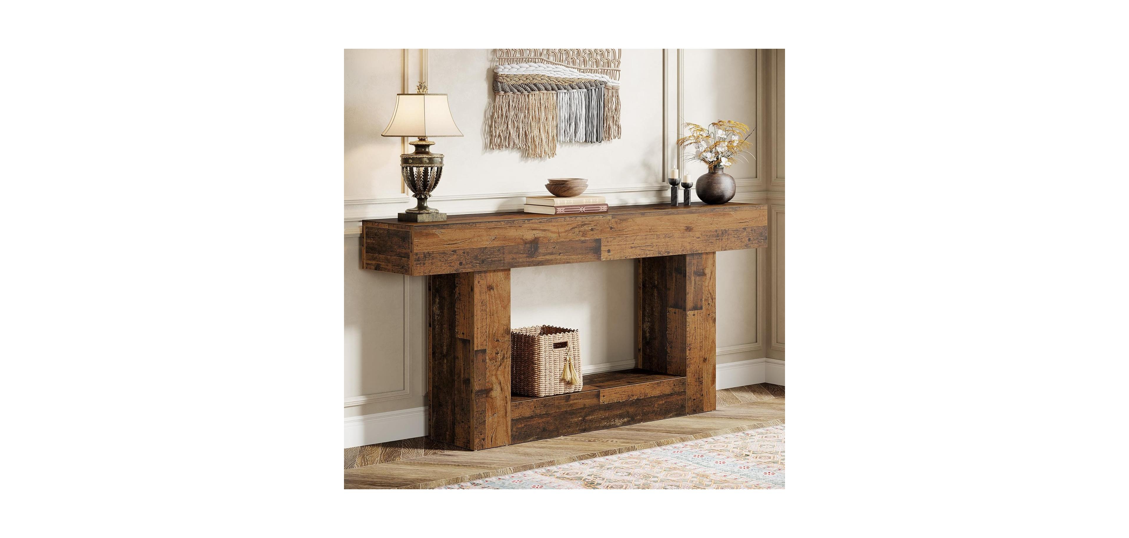 Tribesigns 63" Console Table, Farmhouse 2-Tier Entryway Table with U-Shaped Base, Mix Brown