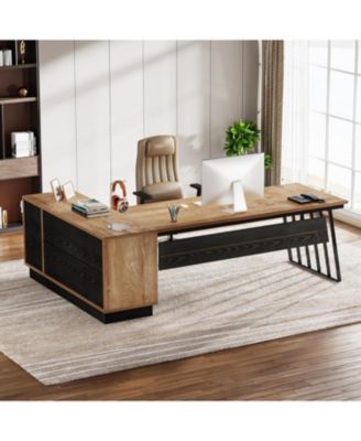 71-Inch Executive Desk, L-Shaped Desk with Cabinet, Large Office Desk with Drawers and Storage Shelves