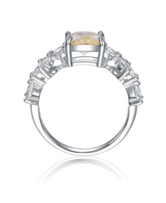 Sterling Silver Canary Yellow & White Cubic Zirconia Radiant Leaf Trellis Cluster Statement Ring