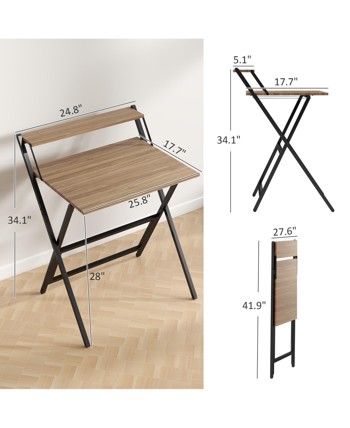 Homcom Small Folding Desk Foldable Computer Desk with Monitor Shelf