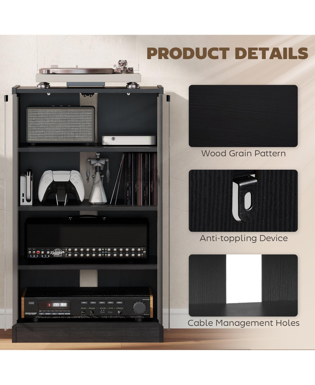 Homcom 5-Tier Media Stand Cabinet w/3-Level Adjustable Shelves & Tempered Glass