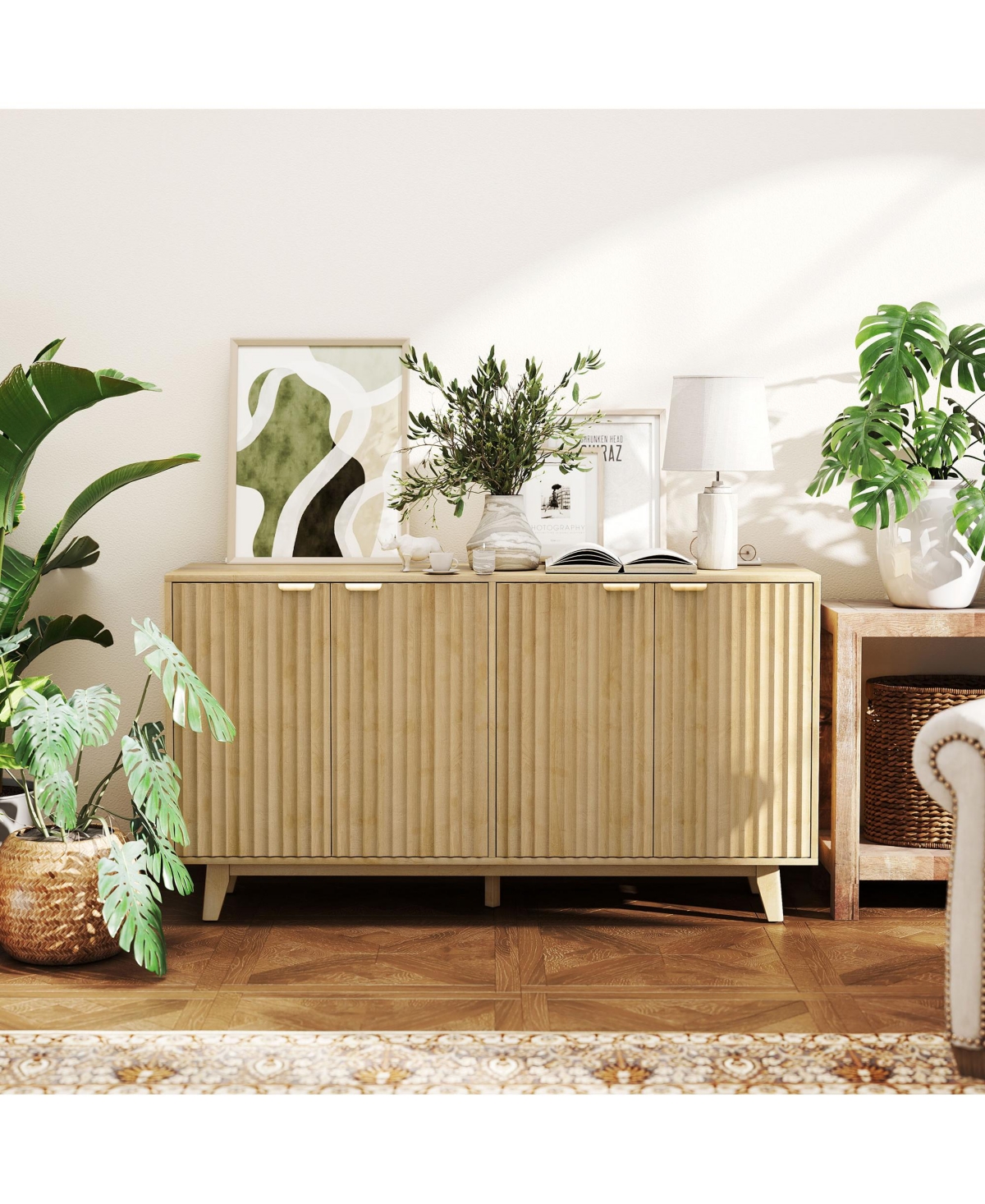 Homcom 55" Modern Sideboard Buffet Cabinet with Fluted Doors Wood Legs