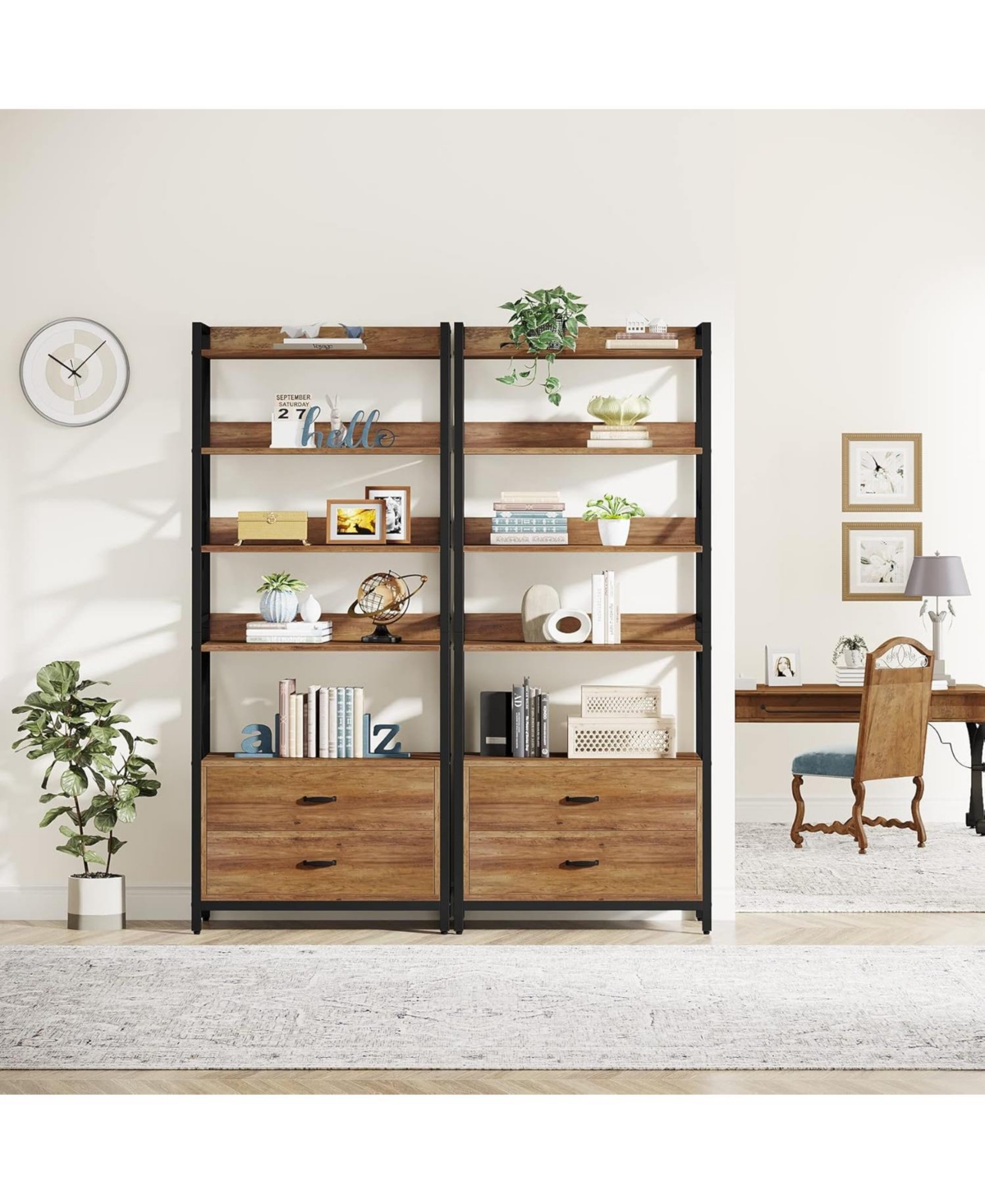 Tribesigns Bookshelf with Drawers, 70.8" Industrial Bookcase with 2 Drawers, 5 Shelf Open Shelf for Storage, Wood Book Shelf for Living Room, Bedroom