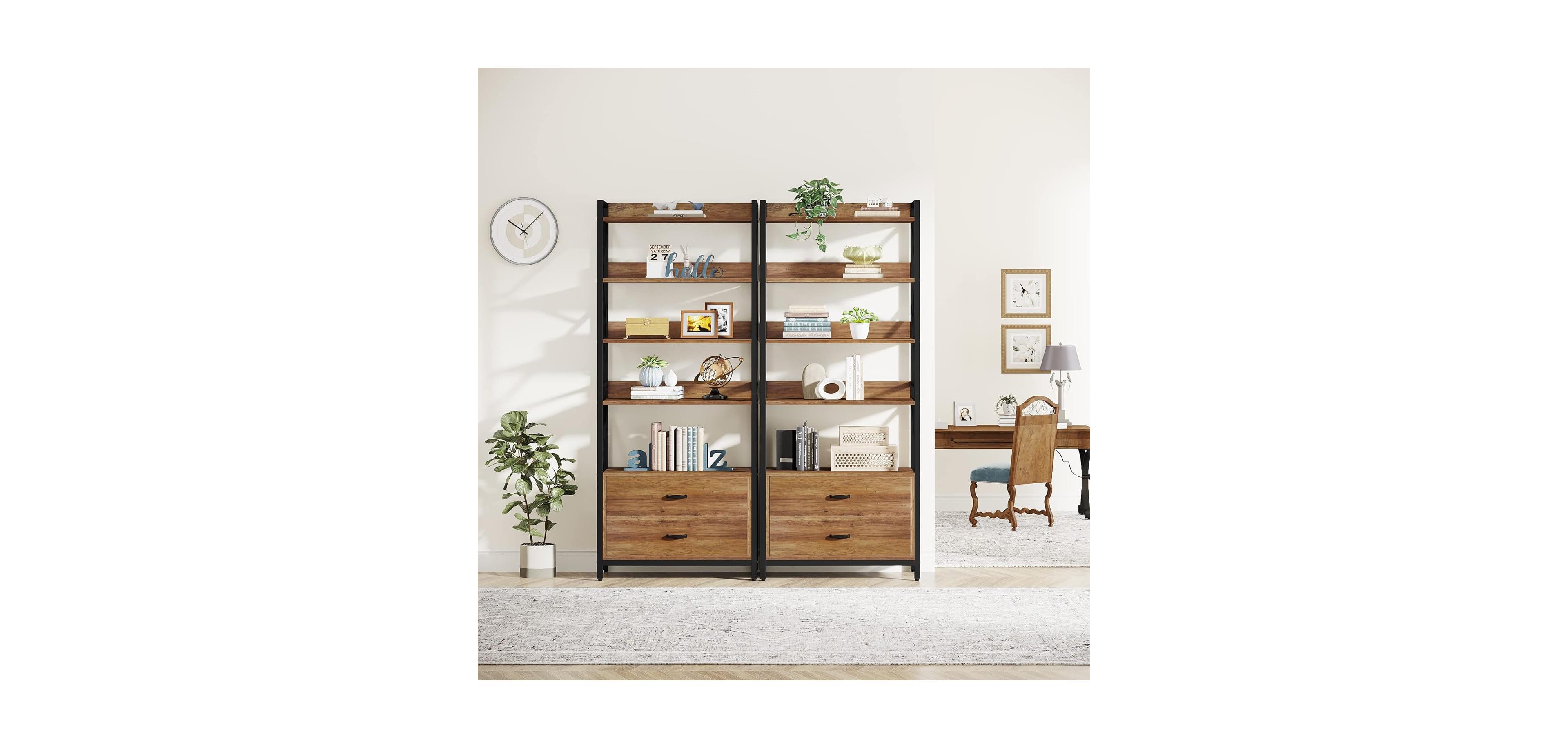 Tribesigns Bookshelf with Drawers, 70.8" Industrial Bookcase with 2 Drawers, 5 Shelf Open Shelf for Storage, Wood Book Shelf for Living Room, Bedroom