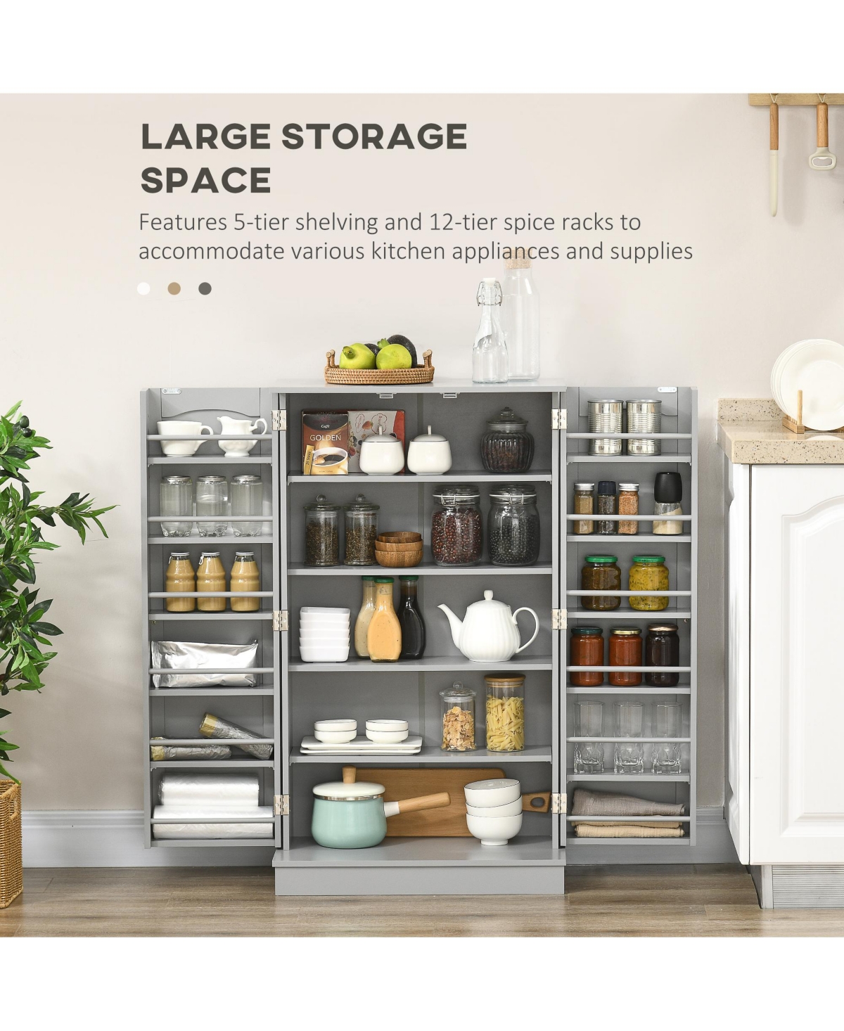 Homcom Kitchen Pantry Storage Cabinet w/ 5-tier Shelving, 12 Spice Racks