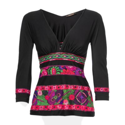 Women's Black Floral Printed Jersey V-Neck Top