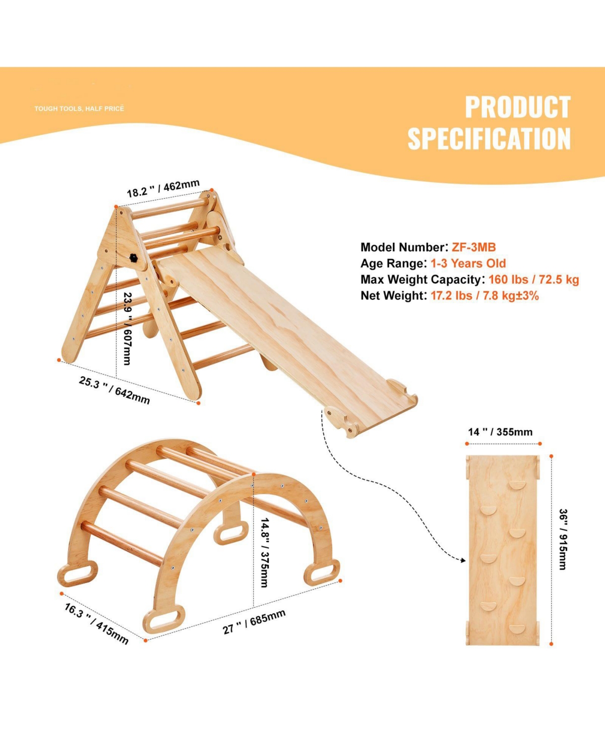 Hongge Pikler Triangle 5-in-1 Wooden Toddler Climbing Set Indoor Gym