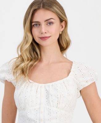 Juniors' Eyelet Short-Sleeve Button-Front Top